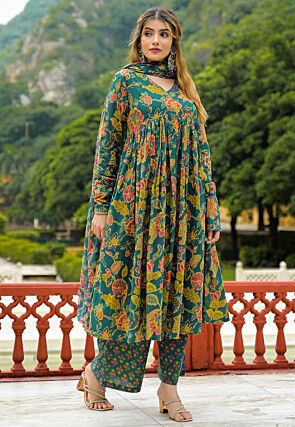 Printed Cotton A Line Suit in Teal Blue