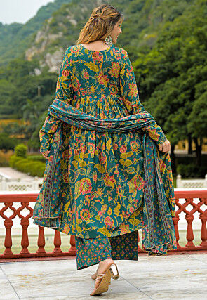 Printed Cotton A Line Suit in Teal Blue