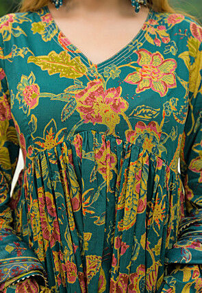 Printed Cotton A Line Suit in Teal Blue