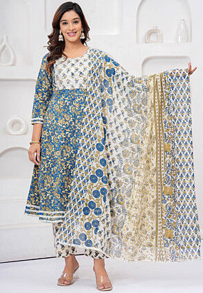 Printed Cotton A Line Suit in Teal Blue