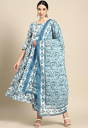 Printed Cotton A Line Suit in White and Blue
