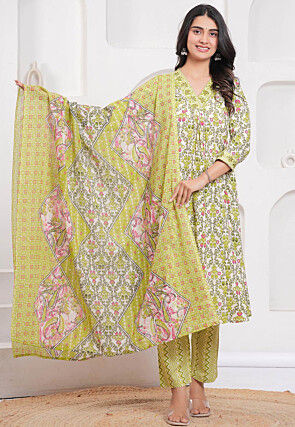 Printed Cotton A Line Suit in White and Green