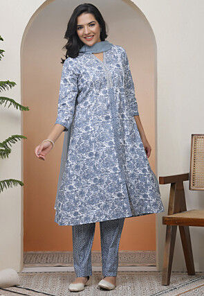 Printed Cotton A Line Suit in White