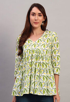 Printed Cotton A Line Top in White and Green