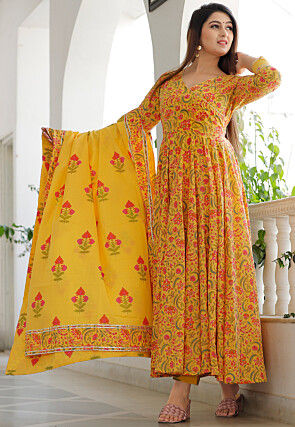 Printed Cotton Abaya Style Kameez in Mustard
