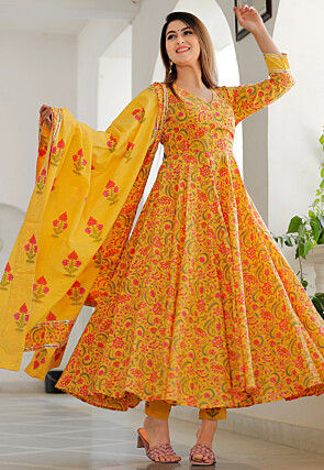 Printed Cotton Abaya Style Kameez in Mustard