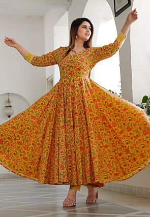 Printed Cotton Abaya Style Kameez in Mustard