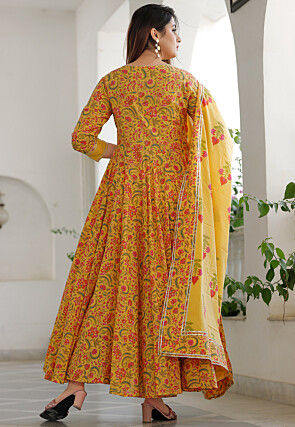 Printed Cotton Abaya Style Kameez in Mustard