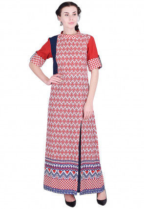 Printed Cotton Abaya Style Kurta in Red and White