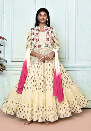 Printed Cotton Abaya Style Suit in Cream