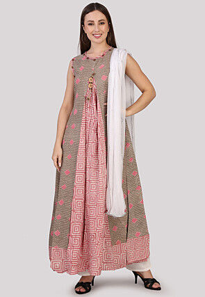 Printed Cotton Abaya Style Suit in Grey and Pink