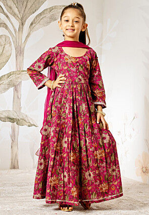 Printed Cotton Abaya Style Suit in Magenta