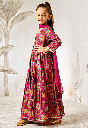 Printed Cotton Abaya Style Suit in Magenta
