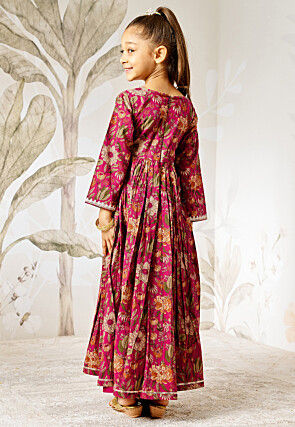 Printed Cotton Abaya Style Suit in Magenta