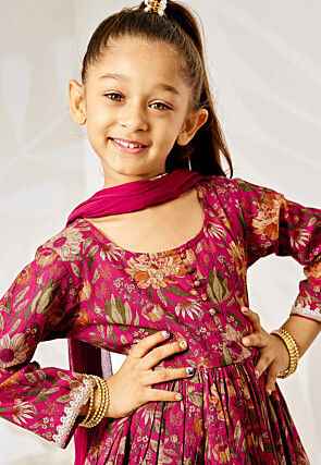 Printed Cotton Abaya Style Suit in Magenta