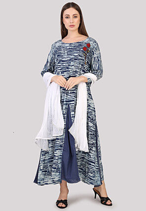 Printed Cotton Abaya Style Suit in Navy Blue and Light Grey