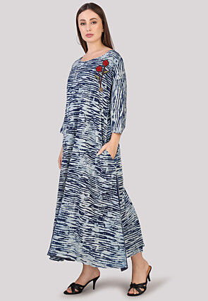 Printed Cotton Abaya Style Suit in Navy Blue and Light Grey