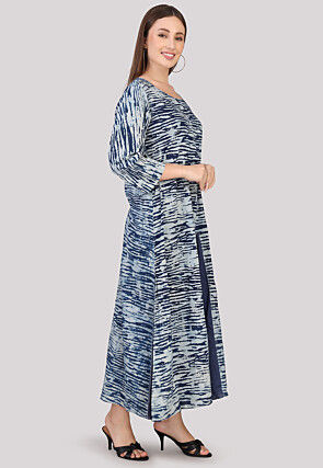 Printed Cotton Abaya Style Suit in Navy Blue and Light Grey