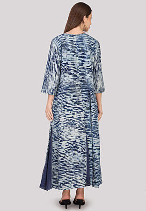Printed Cotton Abaya Style Suit in Navy Blue and Light Grey