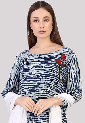 Printed Cotton Abaya Style Suit in Navy Blue and Light Grey