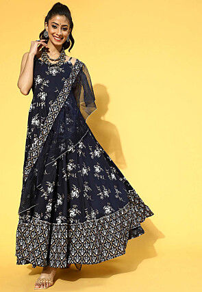 Printed Cotton Abaya Style Suit in Navy Blue