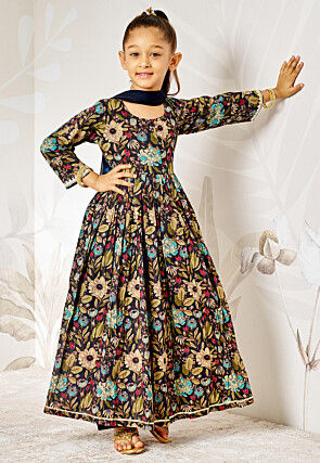 Printed Cotton Abaya Style Suit in Navy Blue