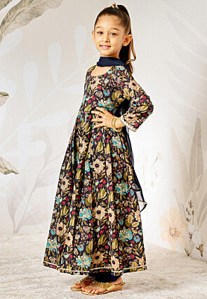 Printed Cotton Abaya Style Suit in Navy Blue