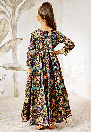 Printed Cotton Abaya Style Suit in Navy Blue