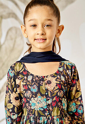 Printed Cotton Abaya Style Suit in Navy Blue