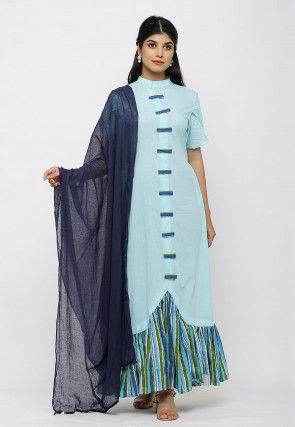 Printed Cotton Abaya Style Suit in Pastel Blue and Multicolor