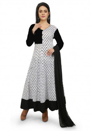 Printed Cotton Abaya Style Suit in White