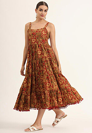 Printed Cotton Aline Dress in Brown
