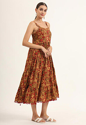 Printed Cotton Aline Dress in Brown