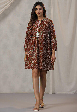 Printed Cotton Aline Dress in Brown