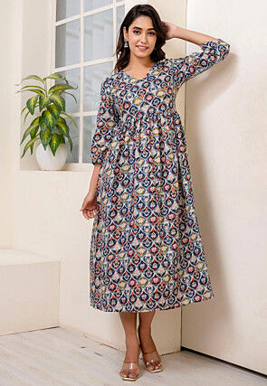 Printed Cotton Aline Dress in Multicolor