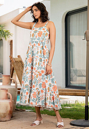 Printed Cotton Aline Dress in Off White