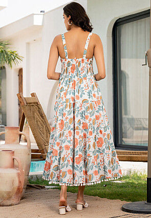 Printed Cotton Aline Dress in Off White