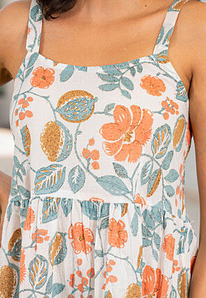 Printed Cotton Aline Dress in Off White