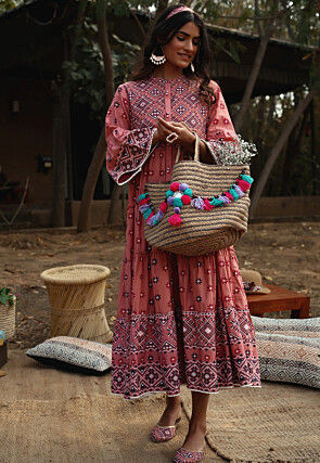 Printed Cotton Aline Dress in Peach