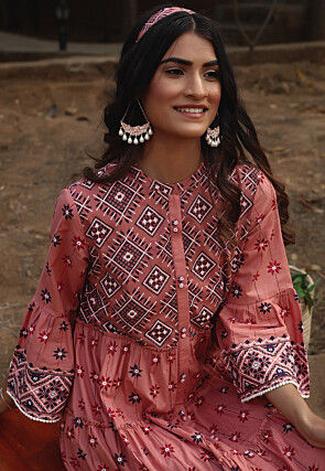 Printed Cotton Aline Dress in Peach