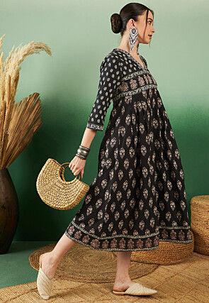 Printed Cotton Aline Kurta in Black