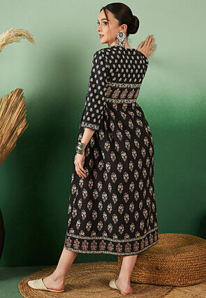 Printed Cotton Aline Kurta in Black