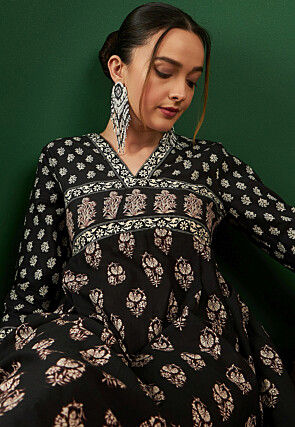 Printed Cotton Aline Kurta in Black