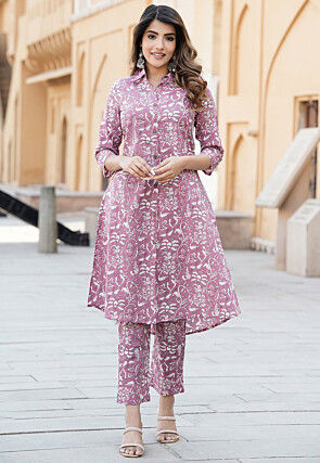 Printed Cotton Aline Kurta Set in Dark Mauve