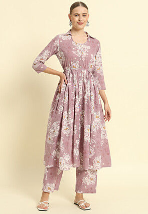 Printed Cotton Aline Kurta Set in Dusty Purple