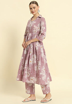 Printed Cotton Aline Kurta Set in Dusty Purple