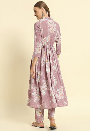 Printed Cotton Aline Kurta Set in Dusty Purple