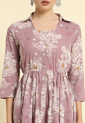 Printed Cotton Aline Kurta Set in Dusty Purple