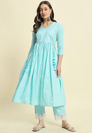 Printed Cotton Aline Kurta Set in Light Blue