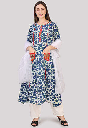 Printed Cotton Aline Suit in Navy Blue and Light Grey